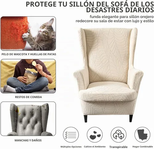 Vista 5 de Funda impermeable para silla con respaldo de ala, fundas elásticas de jacquard para silla con respaldo de ala de 2 piezas, funda de sofá
