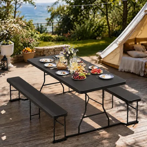 Vista 12 de DWVO Mesa de picnic plegable de 6 pies con bancos, juego de mesa de picnic Blanco