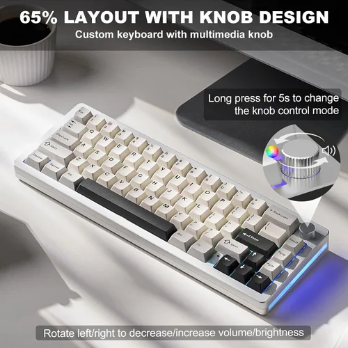 Vista 6 de YUNZII Teclado mecánico inalámbrico AL66, CNC de aluminio completo, control de perilla del 65%, Bluetooth2.4Gcableado, interruptores prelubricados