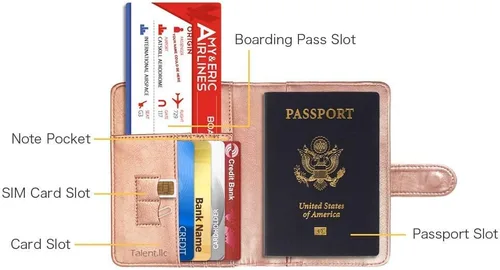 Vista 4 de Talent - Funda para pasaporte, de piel sintética, con bloqueo RFID, para pasaporte, cartera de viaje, Oro rosa, mapa, Cartera RFID
