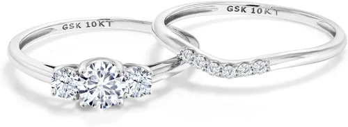 Vista 4 de Gem Stone King Juego de anillos de compromiso nupcial de 3 piedras de oro blanco de moissanita de oro blanco de 10 quilates con zafiro creado
