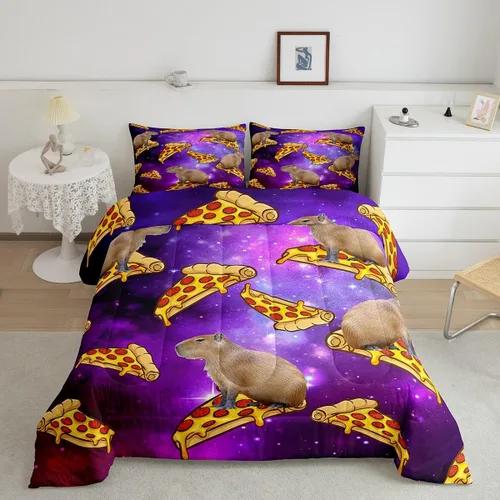 Vista 17 de Feelyou Juego de edredón de dibujos animados de Capybara, tamaño individual con 1 funda de almohada, juego de ropa de cama con estampado de Multi 02