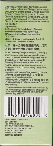 Vista 2 de Tai Chi Think Sharp Té Energizante (Ginseng Ginkgo Biloba) 12 Bolsas
