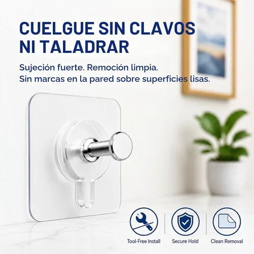Vista 3 de Perchas de fotos sin clavos, paquete de 20, ganchos adhesivos transparentes, capacidad para 13 libras