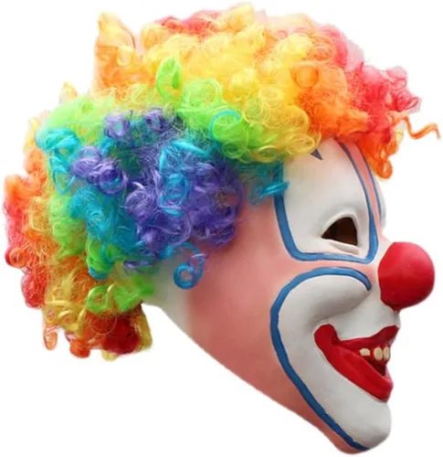 Vista 2 de Máscara de payaso de látex con pelo colorido, divertida máscara de payaso, disfraces espeluznantes para fiesta de cosplay para Halloween para adultos