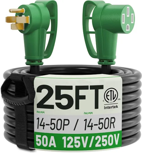 Vista 9 de POWGRN NEMA 14-50P a NEMA 14-50R Cable de extensión de alimentación de 50 amperios para RV/EV de 10 pies al aire libre con mango de agarre, cable