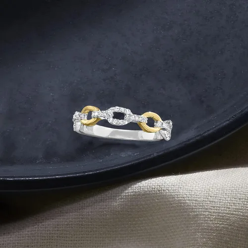Vista 5 de Ross-Simons 0.20 ct. t.w. Diamond Paper Clip Link Ring in Sterling Silver and 14kt Yellow Gold