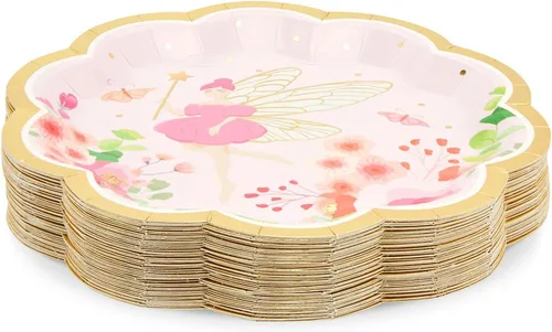 Vista 4 de Sparkle and Bash Platos de hadas – Papel de 9 pulgadas, floral, paquete de 48 – Platos temáticos de hadas, platos de cena y postre para niñas
