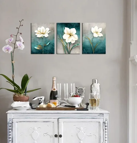 Vista 4 de Lienzo decorativo para pared, diseño floral blanco crema, fondo turquesa, fondo gris azulado, cuadro de arte moderno rústico, baño, dormitorio, sala