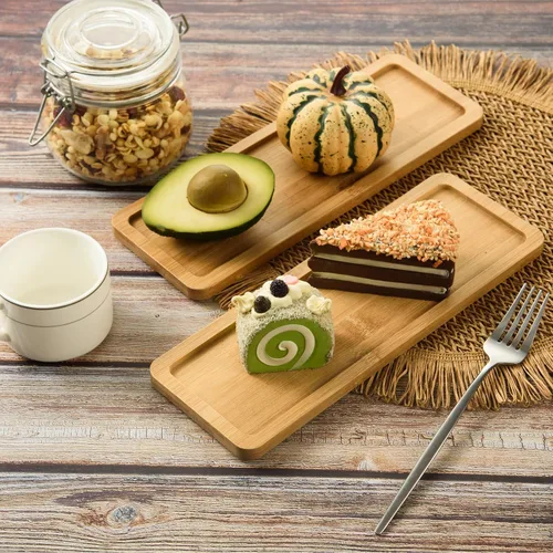 Vista 5 de Paquete de 4 bandejas de bambú rectangulares de bambú para servir té, bordes redondeados, bandeja de madera para mostrador de baño, bandeja de bambú