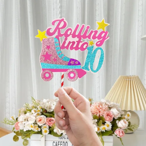 Vista 2 de Decoración para tartas con temática de décimo cumpleaños de 10 años, decoración de cumpleaños de 10 años para niñas, patinaje sobre ruedas, fiesta
