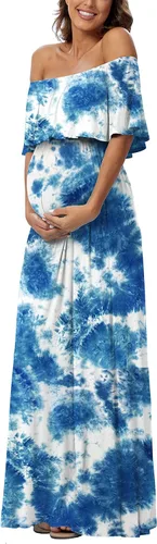 Vista 2 de Vestido largo de maternidad con volantes y hombros descubiertos, vestido largo y fluido para baby showersesión de fotos