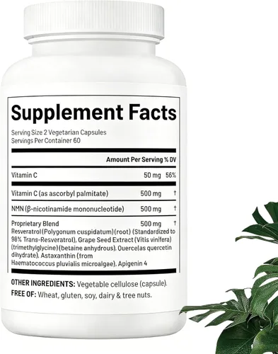 Vista 5 de NMN 1000 mg por porción, último apoyo 10 en 1 NAD+ con trans-resveratrol, apigenina, CoQ10, vitamina C, 120 cápsulas vegetarianas