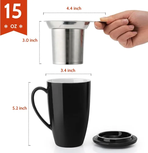 Vista 2 de Sweese Taza de té de porcelana de 15 onzas con infusor y tapa, taza de té de hojas sueltas, regalos para amantes del té, color negro