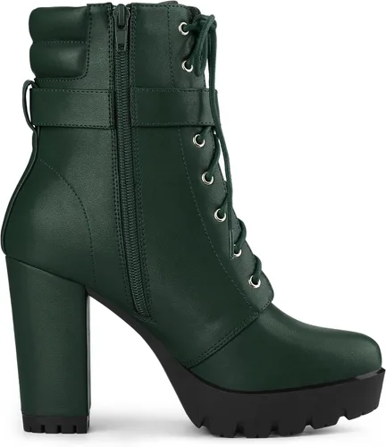 Vista 6 de Allegra K Botines de plataforma para mujer, con cordones, tacón de bloque, botas de combate