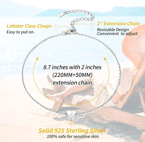 Vista 6 de ChicSilver Tobilleras de plata de ley 925 con iniciales para mujer, delicada pulsera de tobillo de corazón de playa, joyería de pie ajustable