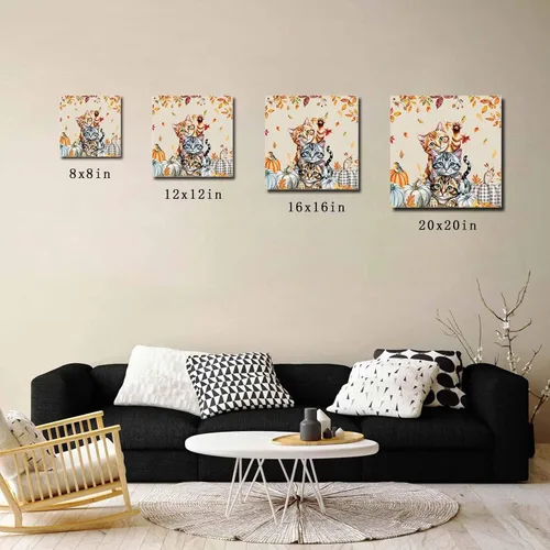 Vista 9 de Chucoco Otoño Granja Gato Cuadrado Pinturas al óleo sobre lienzo Arte de pared de Acción de Gracias Animales Imágenes Impreso Obras de Arte