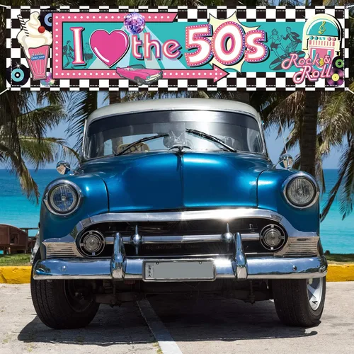 Vista 7 de Cartel de I Love The 50's – Decoraciones de fiesta temática de rock and roll de los años 50, fondo de pared para cabina de fotos, suministros