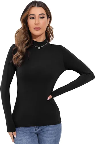 Vista 3 de Camisetas térmicas básicas de manga larga para mujer, camisetas ligeras con cuello alto falso, ajustadas, de capa suave