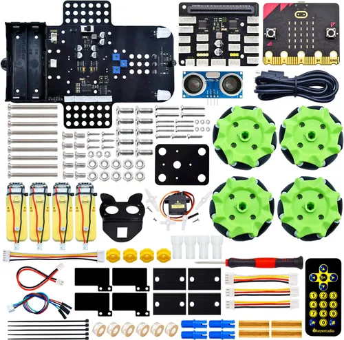 Vista 2 de KEYESTUDIO 4WD Smart Car Coding Robot Kit con Microbit V2 para Makecode y Python, kit de robot de construcción DIY para educación STEM 15+, control