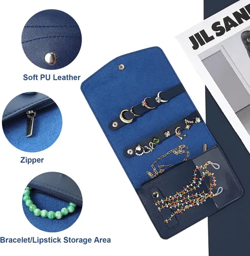 Vista 3 de Fumwase Estuche organizador de joyas de viaje de piel sintética, portátil, bolsa de almacenamiento para aretes, anillos, collares, pulseras, azul