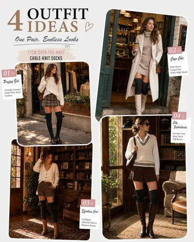 Vista 4 de Pcavin Thigh High Socks for Women, Long Cable Knit Over Knee Boot Stockings 0013 Estilo Negro