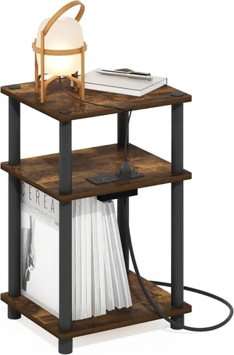 Vista 16 de Furinno Claude Mesa Auxiliar, Mesa Lateral de Mediados de Siglo con Estación de Carga, Mesita de Noche con Patas de Madera, Mesa de Cabecera