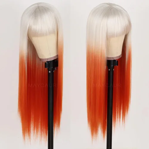 Vista 18 de Maycaur Pelucas de cabello sintético de color rubio con flequillo completo #613, color largo y liso, resistente al calor, pelucas sin encaje