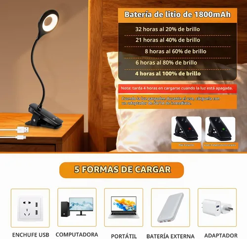 Vista 3 de Akynite Clip en la lámpara de escritorio LED 5 brillo+5 colores lámpara