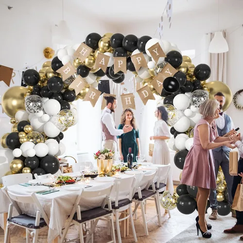 Vista 4 de Kit de arco de globos negros dorados de 137 piezas - Globos de confeti de 18/12/10/5 pulgadas dorados, blancos y negros para decoraciones de fiestas