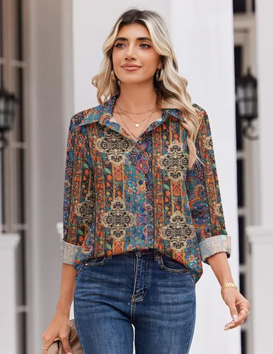 Vista 3 de Zeagoo Blusa para mujer, de manga larga, con botones, casual, ligera, lisa/estampada