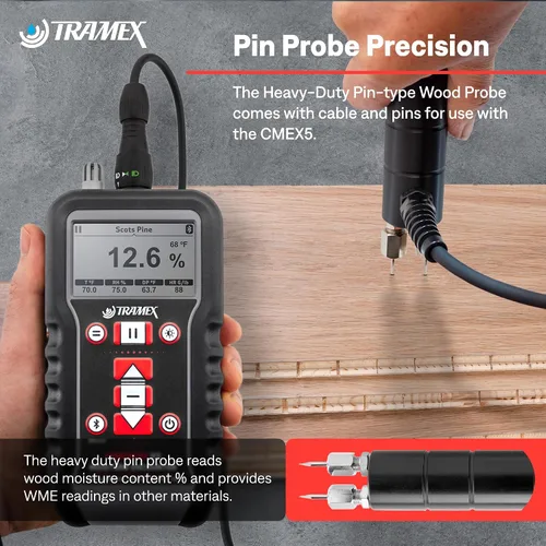 Vista 4 de Tramex Kit de instalación de pisos FINSK Medidor digital CMEX5, termómetro de superficie infrarroja y sonda de pasador de alta resistencia