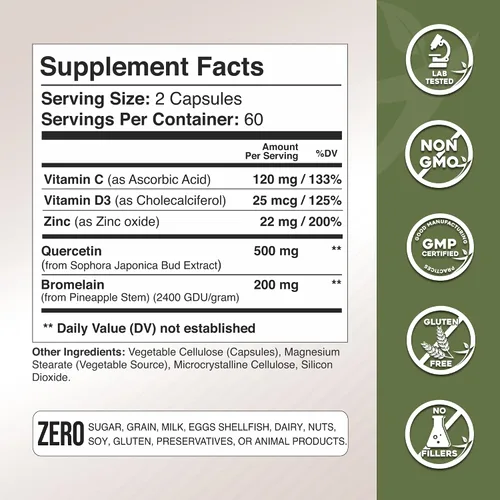 Vista 4 de Quercetina con vitamina C y zinc - Quercetina 500 mg - Quercetina con bromelina - Quercetina de zinc - 120 cápsulas vegetarianas. Suplementos