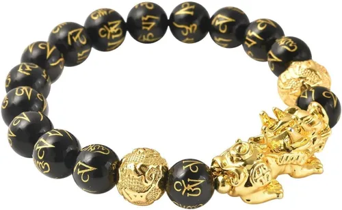 Vista 3 de SHOP LC DELIVERING JOY Feng Shui Wealth Bracelet for Men Women, Beads Stretchable Good Luck Bracelet Gold Plated Dragon Lucky 6.50" Birthday