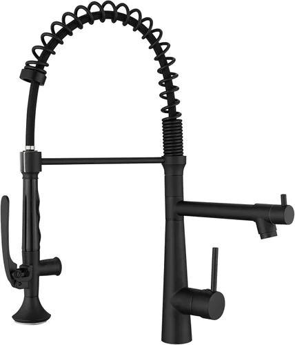 Vista 9 de AIMADI - Grifo de cocina, grifo de cocina negro y dorado con rociador, grifo de cocina estilo comercial de una sola manija, color negro mate, con un