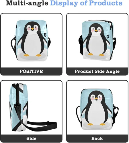 Vista 4 de Bolso de mensajero de pingüino para mujeres y hombres, bolso cruzado de hombro, lindo bolso cruzado con correa ajustable para adolescentes y niñas