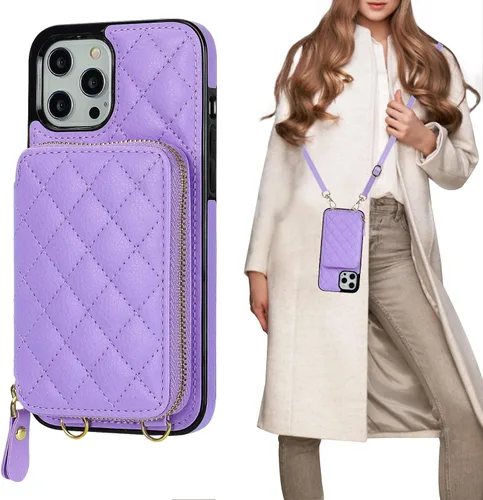 Vista 11 de Bocasal Funda tipo cartera cruzada para iPhone 12 Pro Max, con bloqueo RFID, de piel sintética, con cremallera, funda tipo cartera con función atril