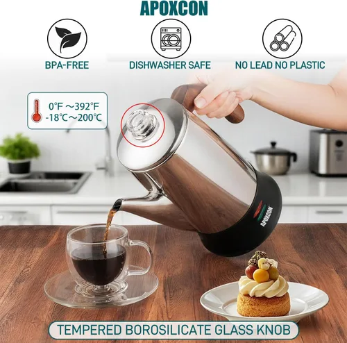 Vista 5 de APOXCON Cafetera eléctrica de acero inoxidable con dos perillas de vidrio resistentes al calor y mango de madera tratada con función de mantener