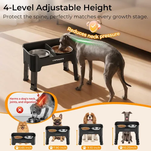 Vista 5 de URPOWER Cuencos elevados para perros a prueba de desorden, diseño de protección contra salpicaduras de pared alta, soporte elevado de 4 alturas
