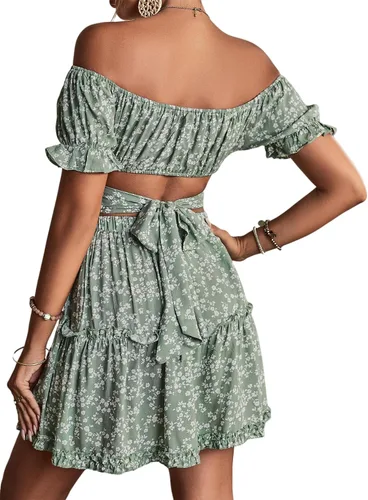 Vista 2 de LYANER Conjunto de 2 piezas para mujer con estampado floral y hombros descubiertos y minifalda