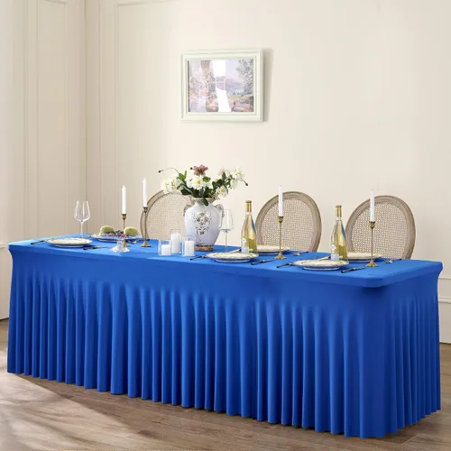 Vista 34 de Paquete de 3 Manteles de Spandex Azul Bebé para Mesas Rectangulares de 6 Pies, Falda de Mesa Azul Elástica Ajustada de 6 Pies para Fiestas de Boda