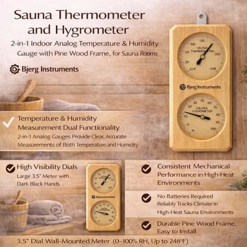 Vista 8 de Termómetro e higrómetro de sauna – Medidor analógico de temperatura y humedad 2 en 1 para interiores con marco de madera de pino, para salas