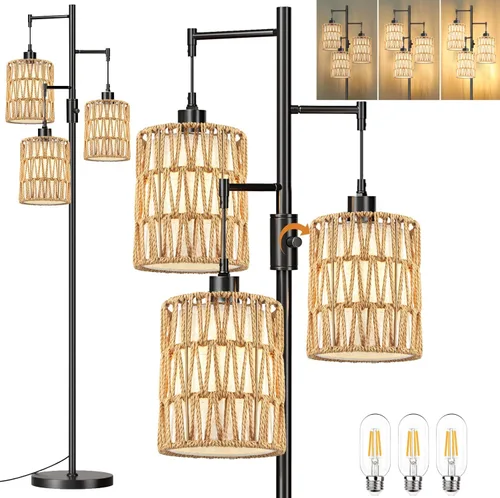 Vista 12 de ZECOXOL Lámparas de pie doradas para sala de estar dormitorio - Lámpara de pie de vidrio de 3 luces con tres bombillas LED, lámpara de pie alta