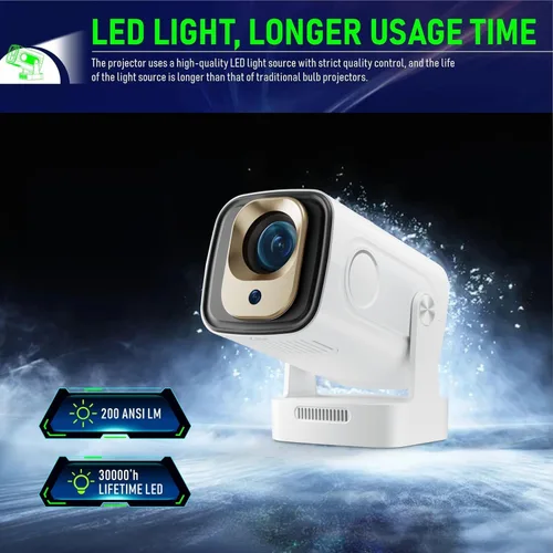 Vista 5 de Mini proyector HY260PRO, resolución nativa 1080P, Android 11.0, WiFi 6, Bluetooth 5.4, 200 lúmenes ANSI, pantalla de 130 pulgadas
