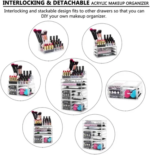 Vista 5 de Paquete de 4 organizadores de maquillaje de acrílico con 11 cajones, organizador de cosméticos transparente y apilable para lápiz labial, joyas