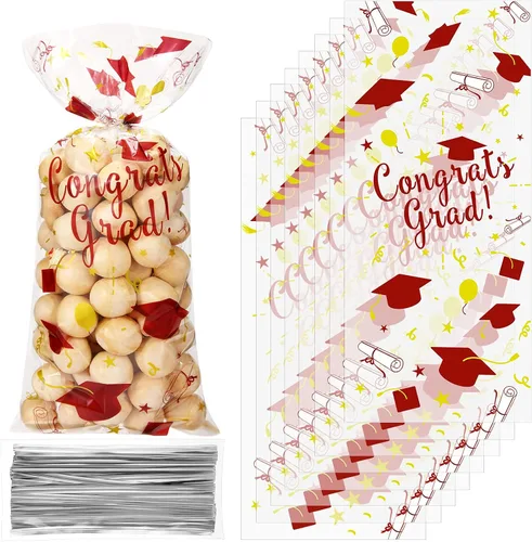 Vista 9 de Blulu 100 bolsas de celofán de graduación, felicitaciones para graduados, bolsas de regalo de plástico con 100 lazos giratorios plateados para Negro