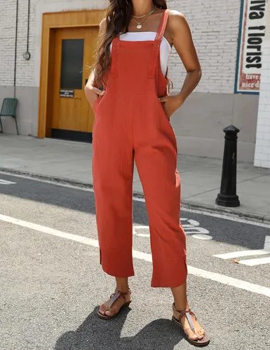 Vista 5 de Omoone Overol holgado sin mangas con tirantes para mujer, overol casual de verano, con bolsillos