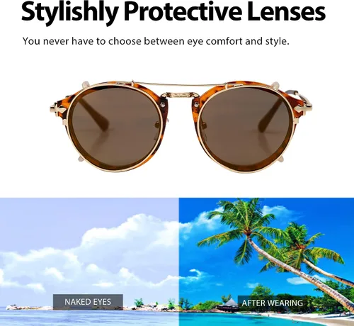 Vista 6 de Technigadgets Wilson - Lentes de sol de doble puente retro steampunk redondos con clip de doble capa extraíble polarizados UV400
