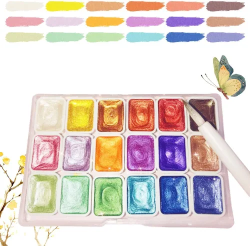Vista 8 de Juego de pintura de acuarela de 12 colores, suministros de dibujo, juego de pinturas de acuarela metálicas brillantes, kit de pintura colorida