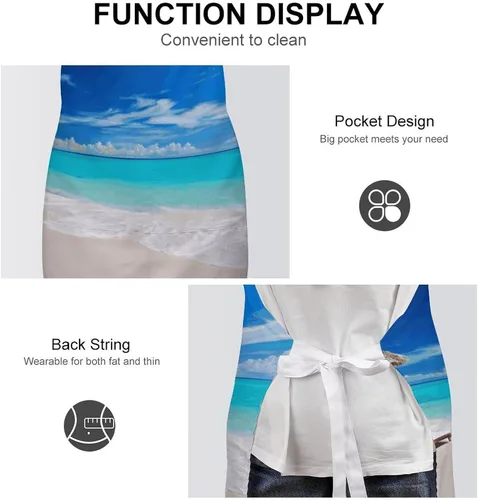 Vista 6 de MUSM White Beach Tropical Sea Apron，Classic Vintage Funny with Pockets Aprons,Adjustable Bib Waterdrop Resistant for Kitchen Cooking Restaurant BBQ
